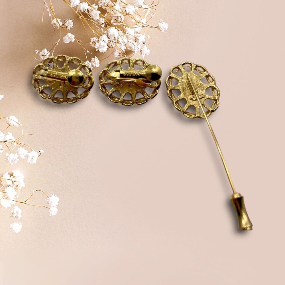 Vintage Napier Gold-Tone Rose Floral Screw Back Earrings & Stick Pin Set - Picture 7 of 7